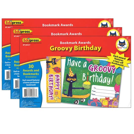 Edupress&#xAE; Pete the Cat Groovy Birthday Bookmark Awards, 3 Packs of 30
